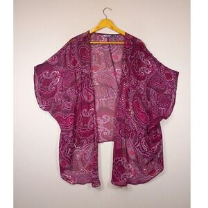 Boho Paisley IZOD Womens 1X Purple Sheer Chiffon Tie Front Kimono Cardigan Wrap